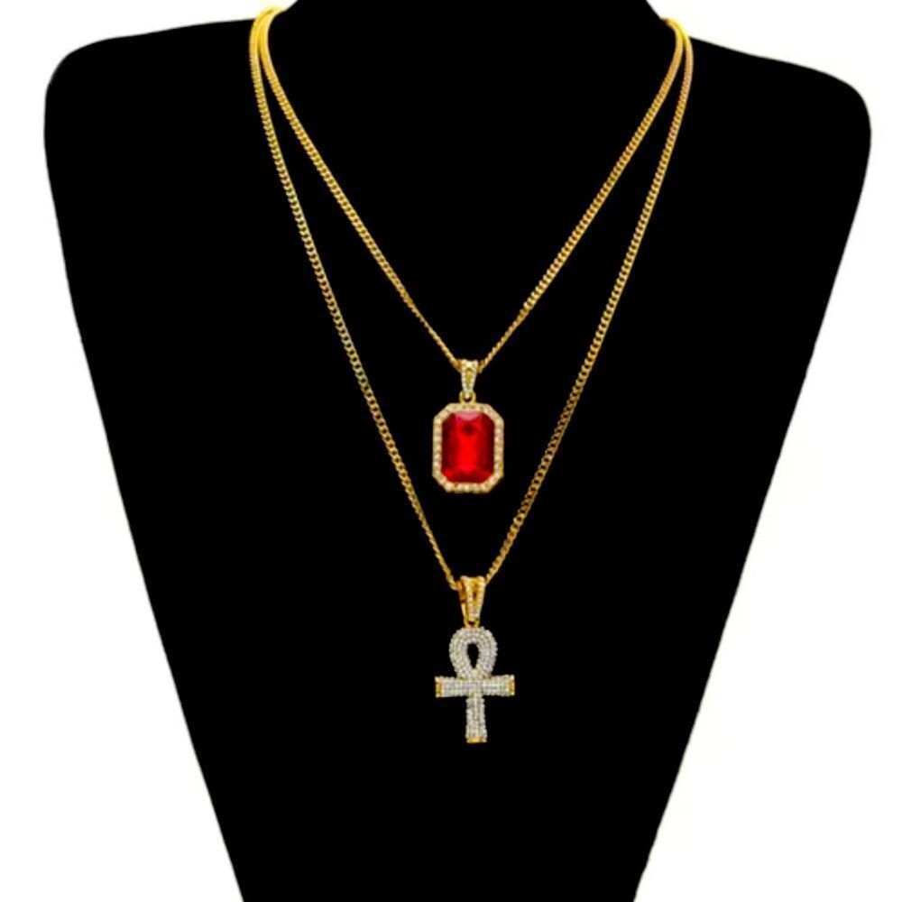 💝 18k Gold Necklaces with Red Ruby Gemstone and Iced Out Gold Cross Pendant